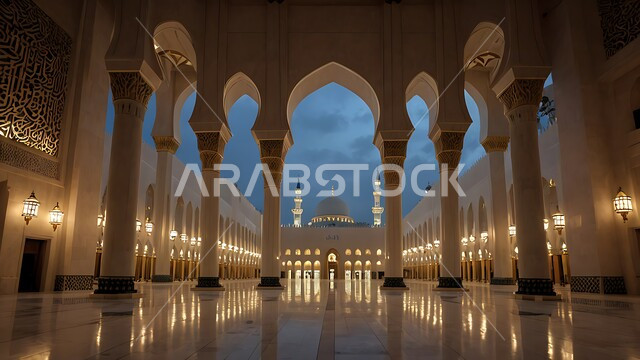 التصاميم والديكورات الداخلية الأنيقة للمساجد، الزخارف والنقوش للاعمدة والاقواس على الطراز الاسلامي، الفن الهندسي المعماري لممر مسجد عربي عريق، مفهوم العبادة والتقرب إلى الله تعالى, مكان المسلمين لأداء الصلوات وقراءة القرآن، الأجواء الروحانية والطمأنينة.