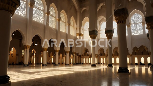التصاميم والديكورات الداخلية الأنيقة للمساجد، الزخارف والنقوش للاعمدة والاقواس على الطراز الاسلامي، الفن الهندسي المعماري لممر مسجد عربي عريق، مفهوم العبادة والتقرب إلى الله تعالى, مكان المسلمين لأداء الصلوات وقراءة القرآن، الأجواء الروحانية والطمأنينة.