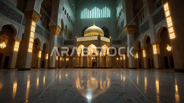 التصاميم والديكورات الداخلية الأنيقة للمساجد، الزخارف والنقوش للاعمدة والاقواس على الطراز الاسلامي، الفن الهندسي المعماري لممر مسجد عربي عريق، مفهوم العبادة والتقرب إلى الله تعالى, مكان المسلمين لأداء الصلوات وقراءة القرآن، الأجواء الروحانية والطمأنينة.