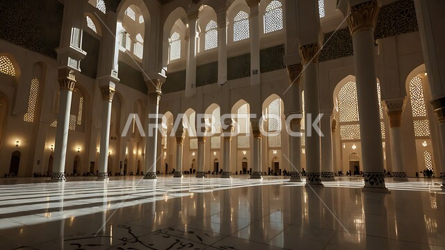 التصاميم والديكورات الداخلية الأنيقة للمساجد، الزخارف والنقوش للاعمدة والاقواس على الطراز الاسلامي، الفن الهندسي المعماري لممر مسجد عربي عريق، مفهوم العبادة والتقرب إلى الله تعالى, مكان المسلمين لأداء الصلوات وقراءة القرآن، الأجواء الروحانية والطمأنينة.