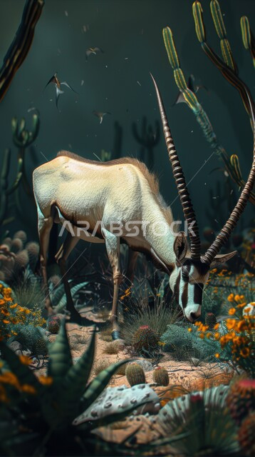  محمية طبيعية لتربية الحيوانات البرية، نمو النباتات الجافة في المناطق الصحراوية في النهار, حيوان المها في حديقة الحيوانات في المملكة العربية السعودية ، غزال بألوان تتراوج بين البني والابيض بالتدريج بقرون طويلة مستقيمة