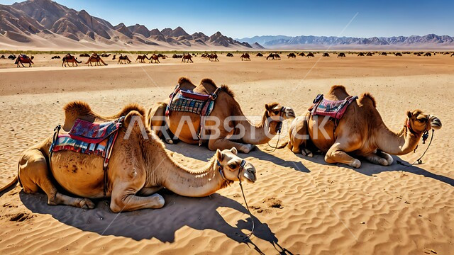 مجموعة من الجمال تجلس في الصحراء, وسيلة لتتنقل في صحراء البادية العربية قديما، تربية الإبل في المحميات الطبيعية بالمناطق الصحراوية، نوق أصيلة تتنقل على الكثبان الرملية في صحاري المملكة العربية السعودية، تشكلات الرمال الذهبية في الخليج العربي