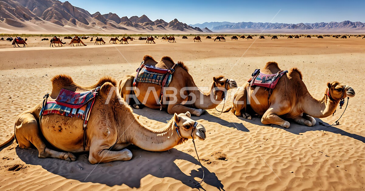 A group of camels sitting in the desert, a means of transportation in ...