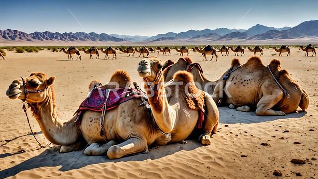 مجموعة من الجمال تجلس في الصحراء, وسيلة لتتنقل في صحراء البادية العربية قديما، تربية الإبل في المحميات الطبيعية بالمناطق الصحراوية، نوق أصيلة تتنقل على الكثبان الرملية في صحاري المملكة العربية السعودية، تشكلات الرمال الذهبية في الخليج العربي