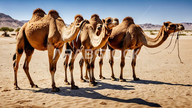 وسيلة لتتنقل في صحراء البادية العربية قديما، تربية الإبل في المحميات الطبيعية بالمناطق الصحراوية، نوق أصيلة تتنقل على الكثبان الرملية في صحاري المملكة العربية السعودية، قافلة من الجمال تسير في الصحراء, تشكلات الرمال الذهبية في الخليج العربي 