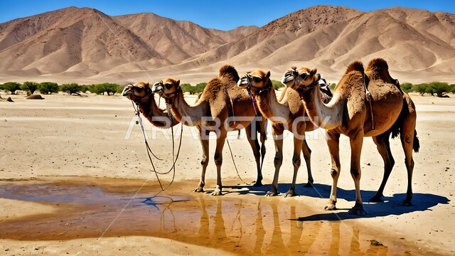 وسيلة لتتنقل في صحراء البادية العربية قديما، تربية الإبل في المحميات الطبيعية بالمناطق الصحراوية، نوق أصيلة تتنقل على الكثبان الرملية في صحاري المملكة العربية السعودية، قافلة من الجمال تسير في الصحراء, تشكلات الرمال الذهبية في الخليج العربي 