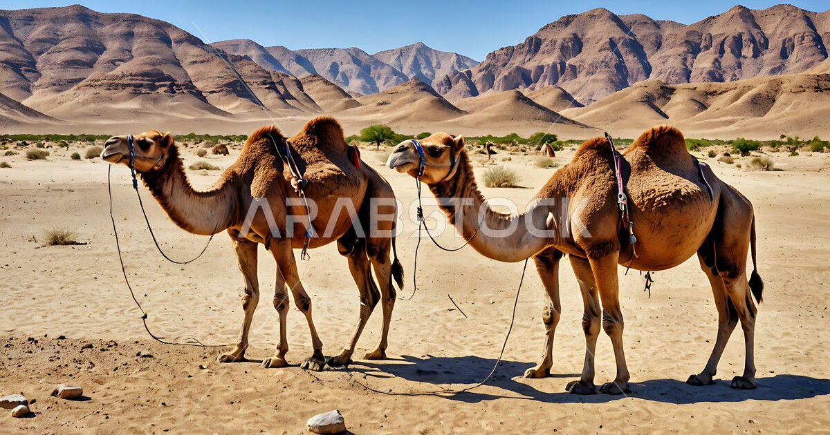 Purebred camels moving on the sand dunes in the deserts of the Kingdom ...
