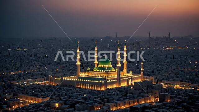 أماكن ومعالم إسلامية مقدسة مشهورة في المملكة العربية السعودية، القبب والمآذن المضيئة وقت غروب الشمس، المسجد النبوي الشريف في المدينة المنورة، العبادة والتقرب الى الله تعالى، الفن الهندسي الاسلامي للمساجد