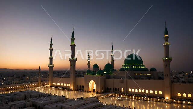 أماكن ومعالم إسلامية مقدسة مشهورة في المملكة العربية السعودية، القبب والمآذن المضيئة وقت غروب الشمس، المسجد النبوي الشريف في المدينة المنورة، العبادة والتقرب الى الله تعالى، الفن الهندسي الاسلامي للمساجد