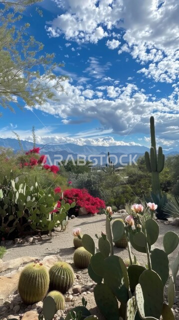 مجموعة من نبات الصبار الشوكي في المناطق الصحراوية، نمو الشوكيات والأعشاب في براري المملكة العربية السعودية، النباتات الشوكية والاعشاب البرية في المحميات الطبيعية