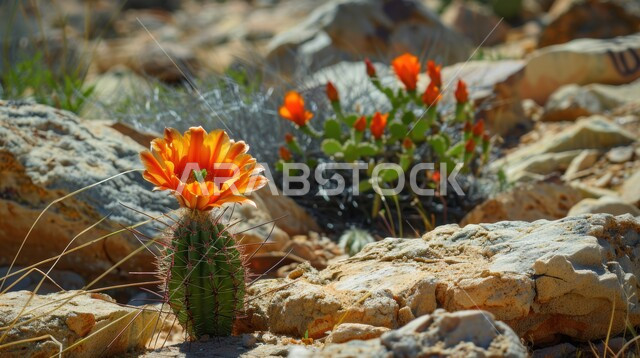 مجموعة من نبات الصبار الشوكي في المناطق الصحراوية، نمو الشوكيات والأعشاب في براري المملكة العربية السعودية، النباتات الشوكية والاعشاب البرية في المحميات الطبيعية