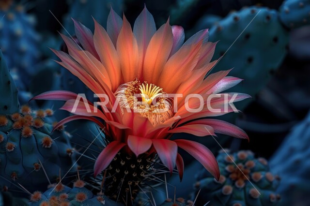 مجموعة من نبات الصبار الشوكي في المناطق الصحراوية، نمو الشوكيات والأعشاب في براري المملكة العربية السعودية، النباتات الشوكية والاعشاب البرية في المحميات الطبيعية ، صورة مقربة لازهار الصبارة 