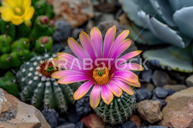 مجموعة من نبات الصبار الشوكي في المناطق الصحراوية، نمو الشوكيات والأعشاب في براري المملكة العربية السعودية، النباتات الشوكية والاعشاب البرية في المحميات الطبيعية ، صورة مقربة لازهار الصبارة 