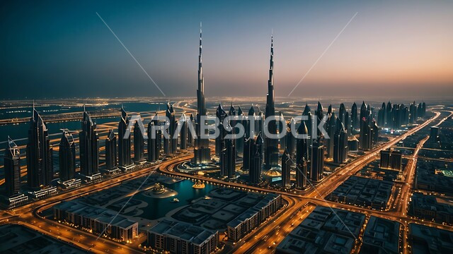 منظر تخيلي مستقبلي للتقدم والنمو العمراني، تحسين وتطوير البنية التحتية، المباني والمنشآت التجارية الشاهقة، بناء مستقبل حضاري متطور في دبي، التصاميم والفنون المعمارية الحديثة، ناطحات السحاب والأبراج في الامارات العربية المتحدة