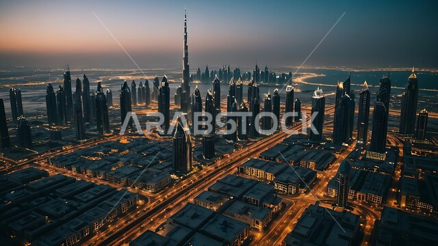 منظر تخيلي مستقبلي للتقدم والنمو العمراني، تحسين وتطوير البنية التحتية، المباني والمنشآت التجارية الشاهقة، بناء مستقبل حضاري متطور في دبي، التصاميم والفنون المعمارية الحديثة، ناطحات السحاب والأبراج في الامارات العربية المتحدة