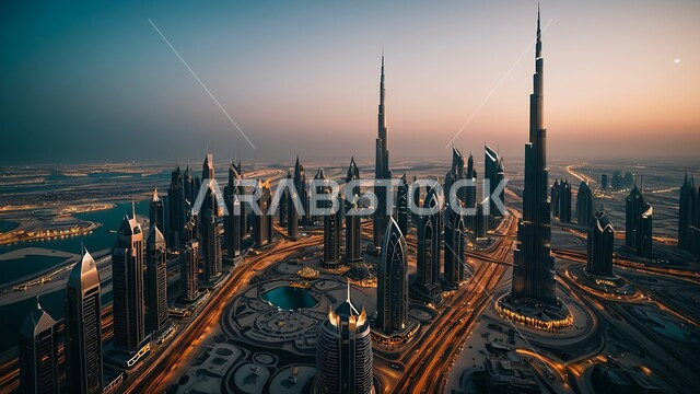 تحسين وتطوير البنية التحتية, منظر تخيلي مستقبلي للتقدم والنمو العمراني، الأبراج وناطحات السحاب في الامارات العربية المتحدة، الفنون والتصاميم المعمارية الحديثة، بناء مستقبل حضاري متطور في دبي، المنشآت والمباني التجارية الشاهقة