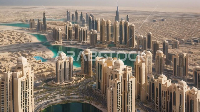 Building an advanced civilized future in Dubai, high-rise commercial facilities and buildings, modern architectural arts and designs, towers and skyscrapers in the United Arab Emirates, an imaginative future view of urban progress and growth, improving and developing infrastructure.