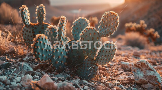 Prickly pear cactus at sunset in the desert, growth of prickly plants and wild herbs in the farms of Saudi Arabia, green plants in nature reserves