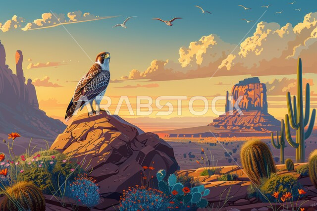 طائر الصقر الجارح يقف على الحجارة الصخرية في إحدى المحميات الطبيعية في وقت غروب الشمس ، التصاميم الجدارية ثلاثية الابعاد, الفخر بالتراث السعودي العريق في تربية الطيور الجارحة والمفترسة،  رمز القوة والتحدي، خلفية السماء المليئة بالغيوم.