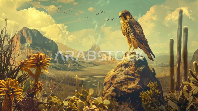 Pride in the rich Saudi heritage of breeding birds of prey and predators, 3D wall designs, a falcon standing on rocky stones in a nature reserve at sunset, a symbol of strength and challenge, a background of a sky full of clouds.