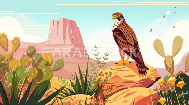 التصاميم الجدارية ثلاثية الابعاد, الفخر بالتراث السعودي العريق في تربية الطيور الجارحة والمفترسة، طائر الصقر الجارح يقف على الحجارة الصخرية في إحدى المحميات الطبيعية ، رمز القوة والتحدي،  خلفية السماء المليئة بالغيوم.