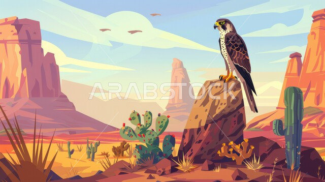 طائر الصقر الجارح يقف على الحجارة الصخرية في إحدى المحميات الطبيعية ، التصاميم الجدارية ثلاثية الابعاد, رمز القوة والتحدي، الفخر بالتراث السعودي العريق في تربية الطيور الجارحة والمفترسة، خلفية السماء المليئة بالغيوم.