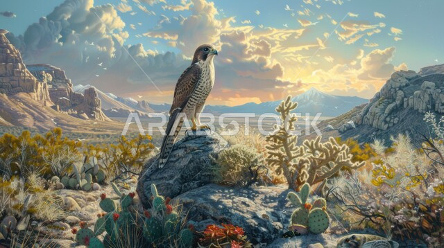 التصاميم الجدارية ثلاثية الابعاد, رمز القوة والتحدي، طائر الصقر الجارح يقف على الحجارة الصخرية في إحدى المحميات الطبيعية، الفخر بالتراث السعودي العريق في تربية الطيور الجارحة والمفترسة، خلفية السماء المليئة بالغيوم.