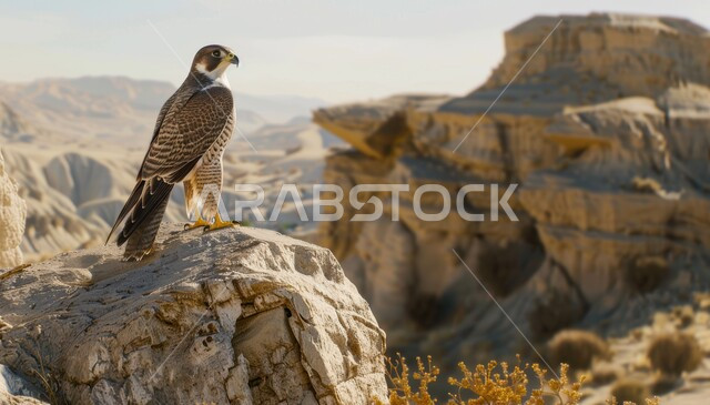  نسر يقف على صخرة في إحدى المحميات الطبيعيه، نمو النباتات والاعشاب في الصحارى , إقامة نادي الصقور في موسم الصيد السنوي في المملكة العربية السعودية، تدريب وترويض الطيور الجارحة والمفترسة،رمز القوة والتحدي وحدة البصر