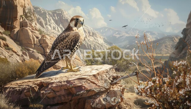 إقامة نادي الصقور في موسم الصيد السنوي في المملكة العربية السعودية، نمو النباتات والاعشاب في الصحارى , تدريب وترويض الطيور الجارحة والمفترسة،  نسر يقف على صخرة في إحدى المحميات الطبيعيه، رمز القوة والتحدي وحدة البصر