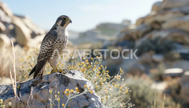 Training and taming birds of prey and predators, the Falcon Club’s establishment during the annual hunting season in the Kingdom of Saudi Arabia, an eagle standing on a rock in one of the nature reserves, a symbol of strength, challenge and sharp eyesight