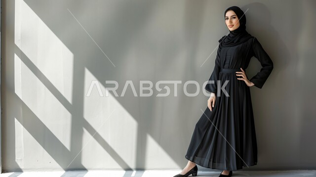 The concept of elegance and interest in fashion, the art of distinctive modern Gulf abayas designs, the elegance of Saudi women, a side portrait of a Saudi Gulf Arab model wearing an abaya and hijab displaying fashion models for veiled women, a full-length body image, gray background