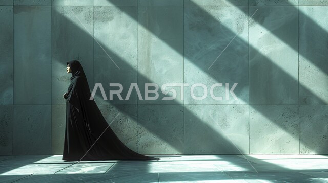  مفهوم الشياكة والاهتمام بالموضة، فن تصاميم العباءات العصرية الخليجية المميزة, أناقة النساء السعوديات, صورة من الجانب لعارضة أزياء عربية خليجية سعودية ترتدي العباءة والحجاب تعرض موديلات أزياء للمحجبات