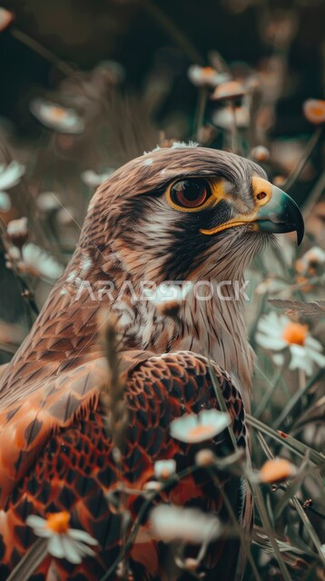 تربية وتدريب الطيور الجارحة، رحلات الصيد في المملكة العربية السعودية، صورة مقربة لصقر مفترس ذو نظر ثاقب حاد يقف بالقرب من الزهور البيضاء ، ترسيخ القيم والعادات  الأصيلة