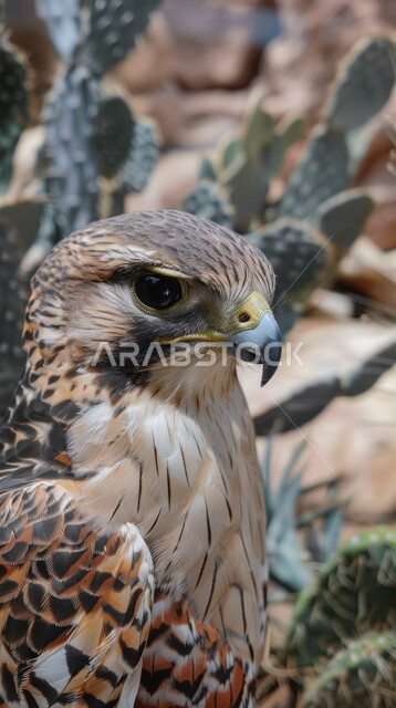 رحلات الصيد في المملكة العربية السعودية، تربية وتدريب الطيور الجارحة،  صورة مقربة  لوجه صقر مفترس ذو نظر ثاقب حاد يقف بالقرب من نباتات الصبار الشائكه  ، فن ترويض الطيور المفترسة، ترسيخ القيم والعادات  الأصيلة