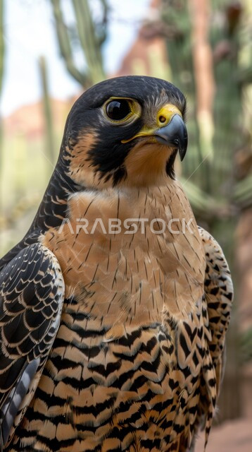 رحلات الصيد في المملكة العربية السعودية، تربية وتدريب الطيور الجارحة،  صورة مقربة  لوجه صقر مفترس ذو نظر ثاقب حاد يقف بالقرب من نباتات الصبار الشائكة  ، فن ترويض الطيور المفترسة، ترسيخ القيم والعادات  الأصيلة