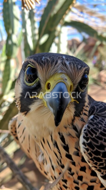 تربية وتدريب الطيور الجارحة، رحلات الصيد في المملكة العربية السعودية، صورة مقربة  لوجه صقر مفترس ذو نظر ثاقب حاد قف بالقرب من نباتات الصبار الشائكة  ، فن ترويض الطيور المفترسة، ترسيخ القيم والعادات  الأصيلة