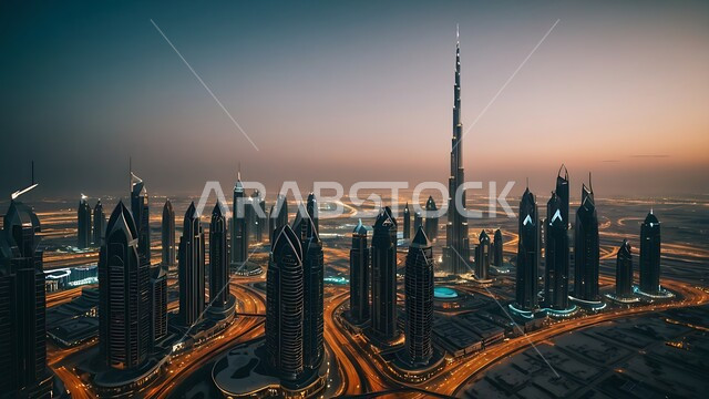المباني والمنشآت التجارية الشاهقة ، مفهوم تطوير وتحسين البنية التحتية، منظر تخيلي للتقدم والنمو العمراني في وقت غروب الشمس، التصاميم والفنون المعمارية الحديثة للأبراج وناطحات السحاب في الامارات العربية المتحدة، بناء مستقبل حضاري متطور في دبي