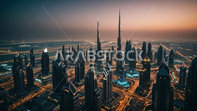 High-rise commercial buildings and facilities, concept of infrastructure development and improvement, imaginary view of urban progress and growth at sunset, modern architectural designs and arts of towers and skyscrapers in the United Arab Emirates, building a developed civilized future in Dubai