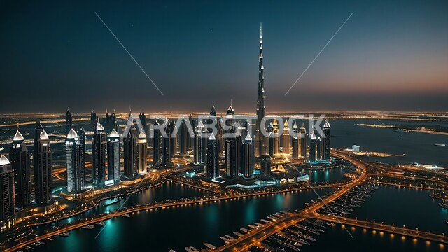 Future imaginary view of urban progress and growth, improvement and development of infrastructure, high-rise buildings and commercial facilities, building a developed civilized future in Dubai, modern architectural designs and arts, skyscrapers and towers in the United Arab Emirates