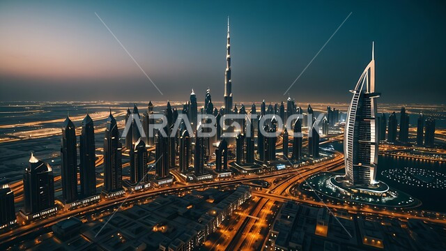 Architectural engineering art of towers and skyscrapers, a futuristic imaginary view of progress and urban growth in the United Arab Emirates, building smart cities and a civilized and advanced future, tall buildings and commercial facilities in Dubai
