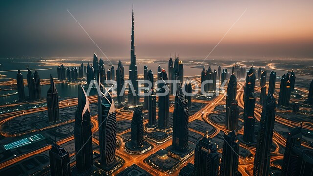 تحسين وتطوير البنية التحتية, منظر تخيلي مستقبلي للتقدم والنمو العمراني، الأبراج وناطحات السحاب في الامارات العربية المتحدة، الفنون والتصاميم المعمارية الحديثة، بناء مستقبل حضاري متطور في دبي، المنشآت والمباني التجارية الشاهقة