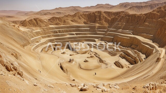 مناطق التنقيب عن الثروات الباطنية و استخراج الموارد الطبيعية, سهولة وصول الآليات الكبيرة إلى أعماق المنجم عبر المدرجات بسهولة، مقلع ضخم في المناطق الصحراوية في المملكة العربية السعودية، مناجم الذهب العربي الأصيل