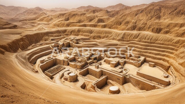 مناطق التنقيب عن الثروات الباطنية و استخراج الموارد الطبيعية, سهولة وصول الآليات الكبيرة إلى أعماق المنجم عبر المدرجات بسهولة، مقلع ضخم في المناطق الصحراوية في المملكة العربية السعودية، مناجم الذهب العربي الأصيل