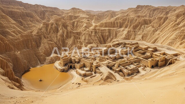 سهولة وصول الآليات الكبيرة إلى أعماق المنجم عبر المدرجات, مقلع ضخم في المناطق الصحراوية في المملكة العربية السعودية، تجمع المياه في بحيرة صغيرة بسبب عمليات الحفر، مناجم الذهب العربي الأصيل، مناطق التنقيب عن الثروات الباطنية و استخراج الموارد الطبيعية