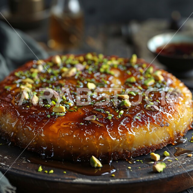 فنون التقديم في مطاعم ومطابخ المملكة العربية السعودية, صورة مقربة لكعكة الكراميل المغطاة بالفستق, وصفات أطباق التحلية الشهية, الأكلات الغنية بالسكريات و السعرات الحرارية, الحلويات الشرقية المشهورة, الحلى العربي التقليدي اللذيذ