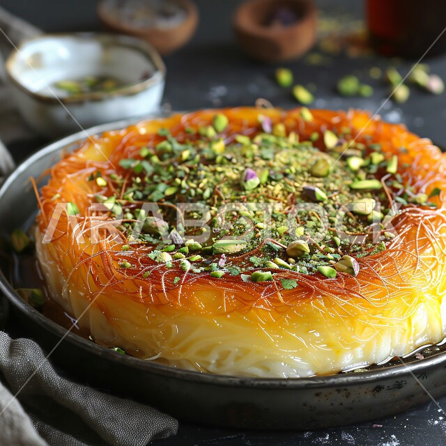 الحلى العربي التقليدي اللذيذ, فنون التقديم في مطاعم ومطابخ المملكة العربية السعودية, وصفات أطباق التحلية الشهية, الأكلات الغنية بالسكريات و السعرات الحرارية, الحلويات الشرقية المشهورة, صورة مقربة لطبق الكنافة بالفستق