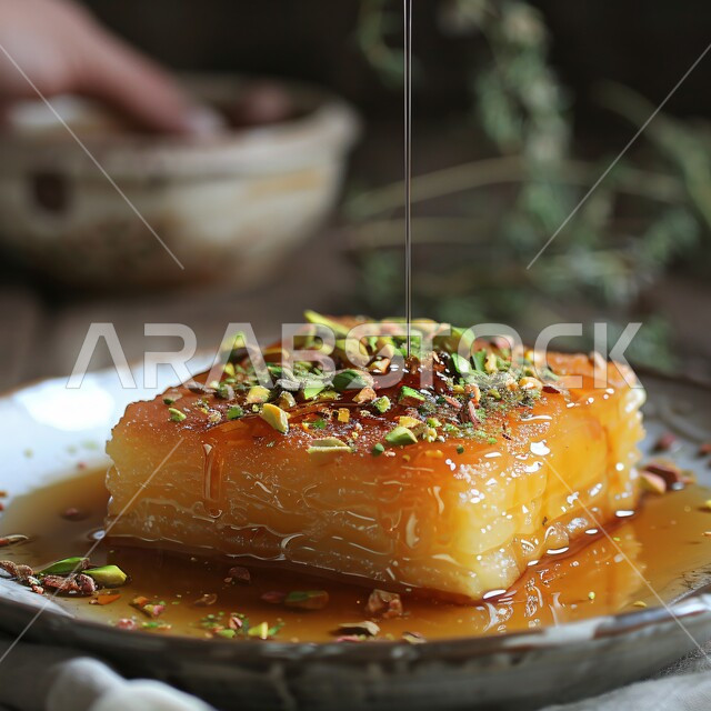 الحلويات الشرقية المشهورة, صورة مقربة لطبق من حلوى الفستق المزينة بالعسل, الحلى العربي التقليدي اللذيذ, فنون التقديم في مطاعم ومطابخ المملكة العربية السعودية, وصفات أطباق التحلية الشهية, الأكلات الغنية بالسكريات و السعرات الحرارية