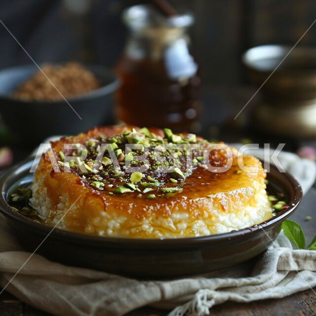 Delicious dessert recipes, close-up of a plate of dessert covered with pistachios and honey, foods rich in sugar and calories, famous oriental sweets, delicious traditional Arabic dessert, the art of presentation in restaurants and kitchens in the Kingdom of Saudi Arabia
