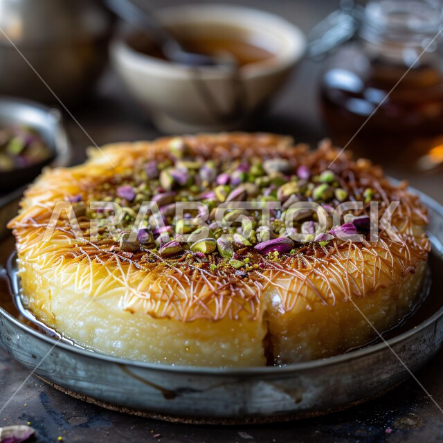 Delicious traditional Arabic dessert, close-up of a plate of Kunafa with pistachios and honey, presentation arts in restaurants and kitchens in the Kingdom of Saudi Arabia, recipes for delicious dessert dishes, foods rich in sugar and calories, famous oriental sweets