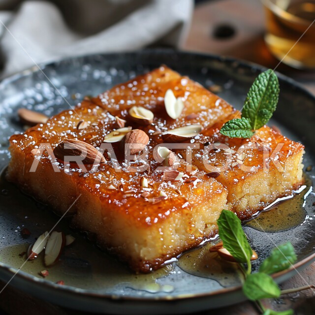 فنون التقديم في مطاعم ومطابخ المملكة العربية السعودية, صورة مقربة لطبق من كعكة اللوز المغطاة بالعسل مع زينة النعناع, وصفات أطباق التحلية الشهية, الأكلات الغنية بالسكريات و السعرات الحرارية, الحلويات الشرقية المشهورة, الحلى العربي التقليدي اللذيذ